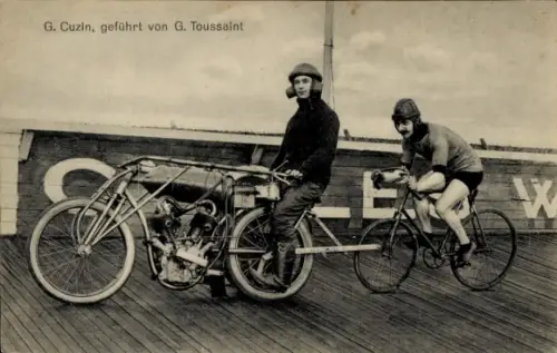 Ak Bahnradfahrer G. Cuzin, geführt von Schrittmacher G. Toussaint