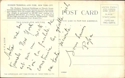Ak New York City USA, Hudson Terminal, U-Bahn-Tunnel von New Jersey, Dampfer