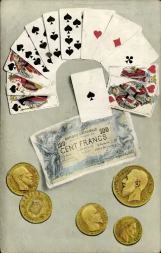 Ak Geldschein, Französische Währung, Spielkarten, Münzen