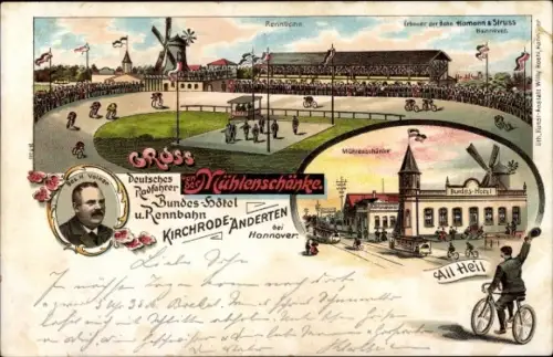 Litho Kirchrode Anderten Hannover, Radfahrer- und Bundeshotel und Rennbahn Mühlenschänke