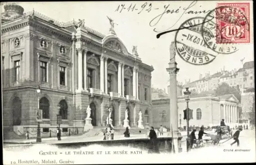 Ak Genève Genf Stadt Schweiz, Le Theatre et le Musee Rath, Kutsche, Statue