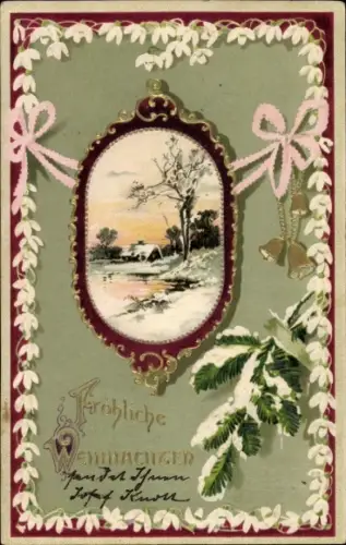 Präge Litho Glückwunsch Weihnachten, Glocken, Schneeglöckchen, Winterlandschaft