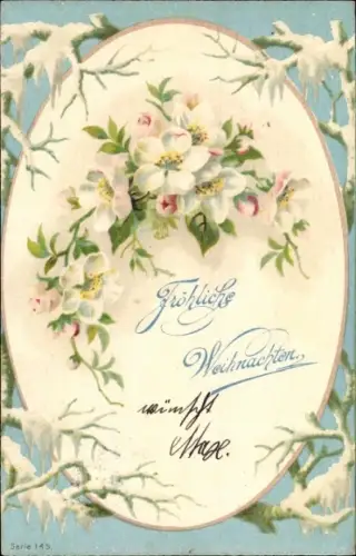 Winter Litho Glückwunsch Weihnachten, Heckenrosenblüten