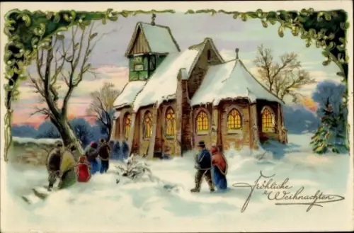 Litho Frohe Weihnachten, Kirche