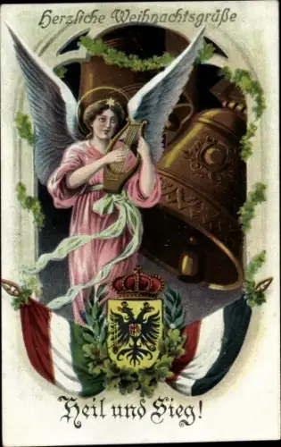 Ak Glückwunsch Weihnachten, Heil und Sieg, Engel, Glocken, Zweibund, Wappen