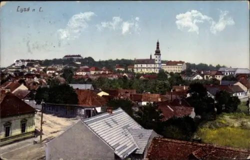 Ak Lysá nad Labem Lissa an der Elbe Mittelböhmen, Totalansicht der Ortschaft, Kirchturm