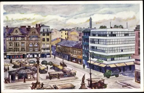 Künstler Ak Ostrava Mährisch Ostrau Region Mährisch Schlesien, Hauptplatz, Kaufhaus Bata