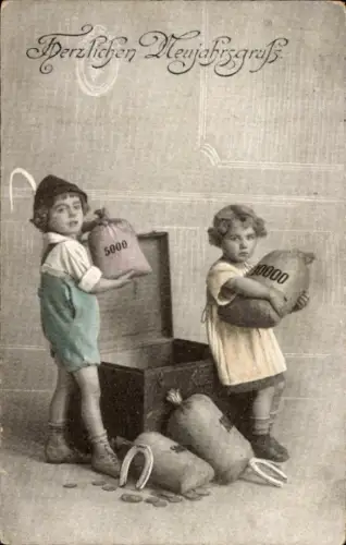 Ak Fröhliches Neujahr, Zwei Kinder mit Geldsäcken, Truhe
