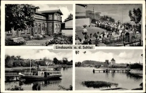 Ak Lindaunis Boren an der Schlei, Bahnhofshotel Lindaunis, Terrasse, Dampfer am Anleger
