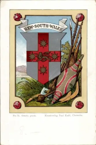 Wappen Litho New South Wales Australien, Schild, Speere, Kunstverlag Paul Kohl, Chemnitz, No. 79