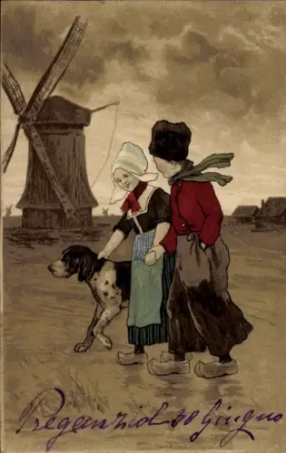 Litho Paar in niederländischen Trachten, Hund, Windmühle