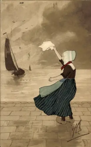 Künstler Ak Frau in niederländischer Tracht winkt mit einem Tuch, Segelboot