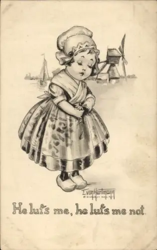 Künstler Ak Hartmann, Evon, Mädchen in niederländischer Tracht, Er liebt mich, er liebt mich nicht