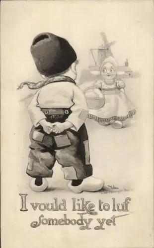 Künstler Ak Kinder in niederländischer Tracht, I vould like to luf Somebody yet