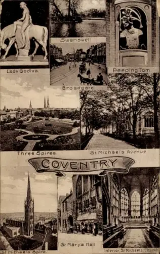 Ak Coventry West Midlands England, Lady Godiva, Swanswell, Broadgate, Peeping Tom, Three Spires, 
