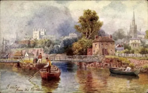 Ak Exeter Devon England, Landschaft mit Wasser, Booten, Bäumen, Häusern, Brücke, Kirche