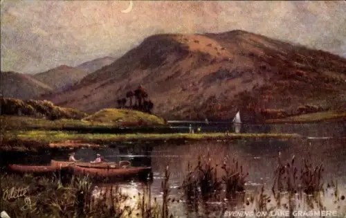 Ak Grasmere Lake District Cumbria England, Abendstimmung am Grasmere See, Boot auf dem Wasser, Be