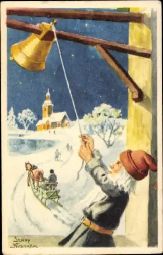 Künstler Ak Nyström, Jenny, Frohe Weihnachten, Zwerg läutet Glocke, Schlittengespann