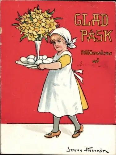 Künstler Ak Nyström, Jenny, Frohe Ostern, Mädchen trägt Tablett mit Eiern und Narzissen