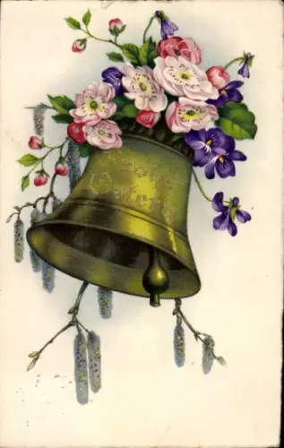 Ak Frohe Ostern, Glocke, Blumen, Weidenkätzchen