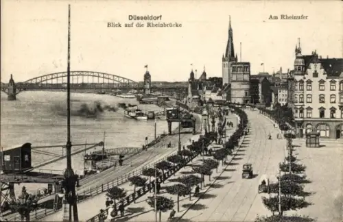 Ak Düsseldorf am Rhein, Rheinbrücke, Rheinufer
