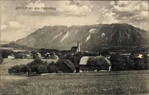 Ak Anger im Berchtesgadener Land Oberbayern, Landschaft mit Untersberg, Dorfansicht, Kirche, Baue
