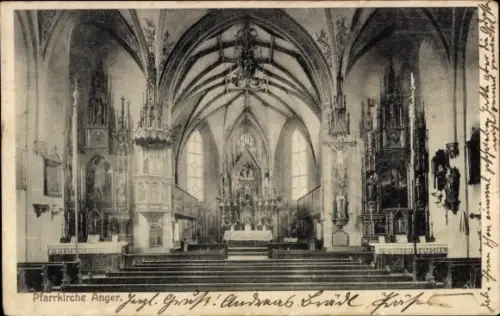 Ak Anger in Oberbayern, Pfarrkirche  Innenansicht, Altar, religiöse Statuen