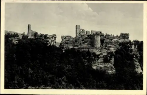 Ak Dahn in der Pfalz, Burgruine Grafendahn, Ruine  Felsen, Bäume, Schwarz-Weiß-Foto
