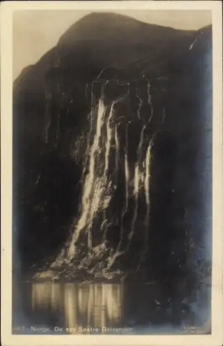 Ak Geiranger Norwegen, Wasserfall, Berge,  Norwegen, schwarz-weiß