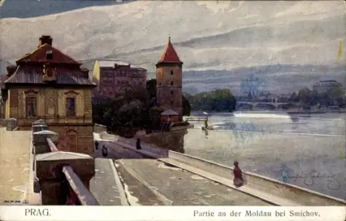 Ak Smíchov Smichow Praha Prag, Moldau bei Smichov, Wasser, Brücke, Türme, Gebäude