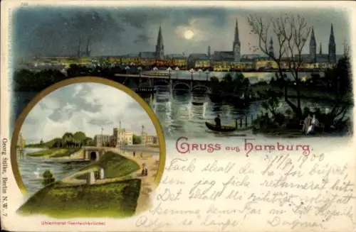 Mondschein Litho Hamburg, Panorama, Feenteichbrücke Uhlenhorst
