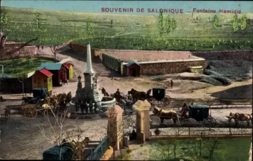 Ak Salonique Saloniki Thessaloniki Griechenland,  aus  Fontaine Hamidié, Pferdewagen, Menschenmen