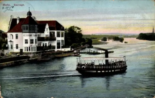 Ak Metz Moselle, Restaurant, Boot auf dem Wasser, Flusslandschaft, Bäume, Himmel