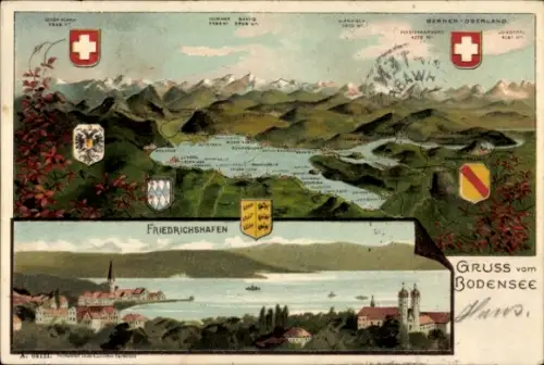 Landkarten Litho Friedrichshafen am Bodensee, Berner Oberland, Schaffhausen, Bregenz, Wappen