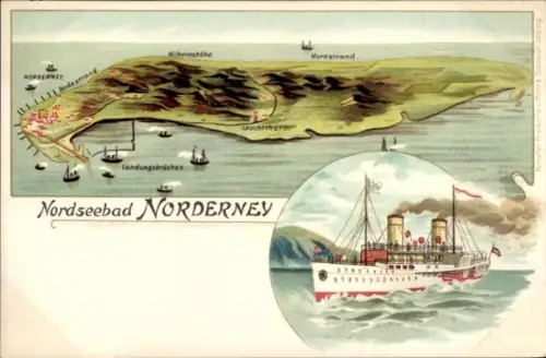 Landkarten Ak Norderney in Ostfriesland, Wilhelmshöhe, Nordstrand, Leuchtturm