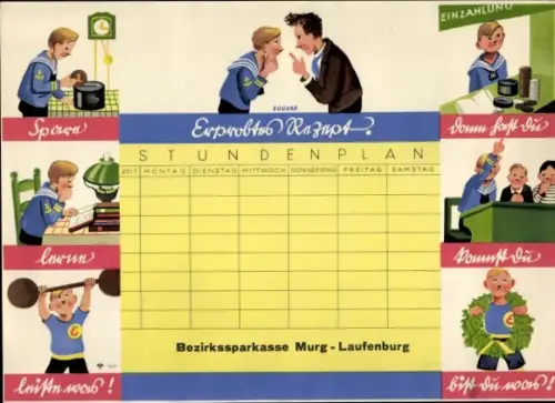 Stundenplan Bezirkssparkasse Murg-Laufenburg, Erprobtes Rezept, sparen und lernen um 1930