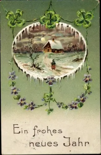 Winter Präge Litho Glückwunsch Neujahr, Winterlandschaft, Kleeblätter