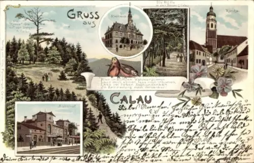 Litho Calau in Brandenburg, Rathaus, Bahnhof, Kirche, Wald