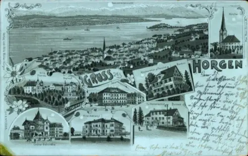 Mondschein Litho Horgen Kanton Zürich, Kirche, Villa Florida, Restaurant, Krankenasyl