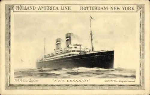 Ak Dampfer TSS Veendam, Holland America Line HAL, Rotterdam New York