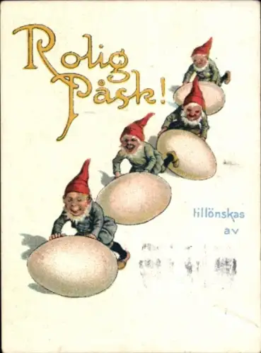Künstler Ak Nyström, Jenny, Frohe Ostern, Zwerge rollen Eier