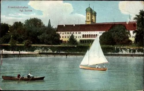 Ak Friedrichshafen am Bodensee, Schloss, Segelboot, Ruderboot, Wasser, Bäume