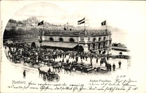 Ak HAPAG Dampfer Hamburg (I), Passagierschiff, Alster-Pavillon,  Schiffe, Pferdefuhrwerke, Flagge