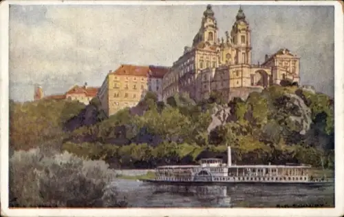 Künstler Ak Melk Niederösterreich, Dampfer, Erste K. k. Priv. Donau-Dampfschifffahrts-Gesellschaft