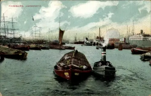 Ak HAPAG Dampfer Hamburg (I), Passagierschiff,  Hafenpartie, Schiffe, Wasser, Wolken, 