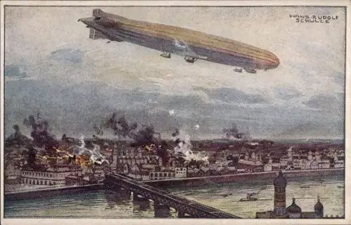 Künstler Ak Schulze, Hans Rudolf, Zeppelin, Luftschiff Schütte Lanz, Warschau bombardierend, I. WK