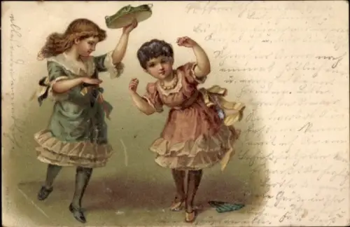 Litho Zwei tanzende Mädchen, Tamburin