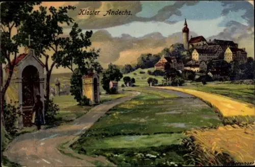Ak Andechs am Ammersee, Kloster Andechs,  Landschaft, Weg, Bäume, Gebäude