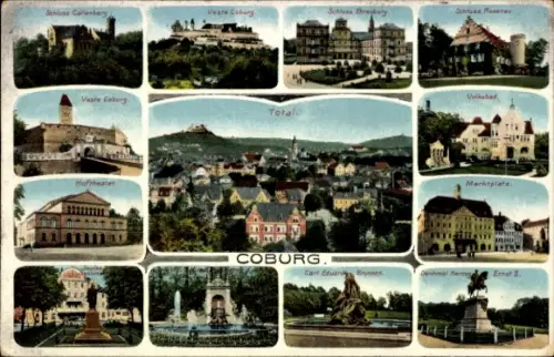 Ak Coburg in Oberfranken, Schloss Callenberg, Veste  Schloss Ehrenburg, Volksbad, Marktplatz, Car