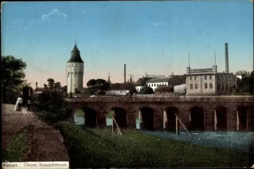 Ak Rastatt im Schwarzwald Baden,  Obere Stauschleuse, Wasser, Brücke, Gebäude